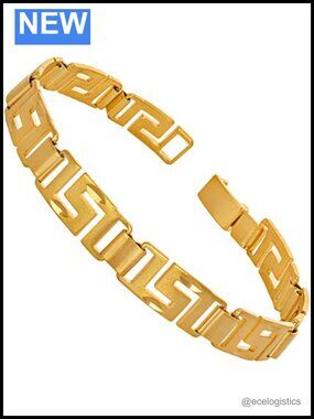 24k Gold Plated 8.5mm Greek Key Link Bracelet Diamond Cut Unisex